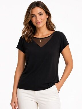 Tahari Black Mesh-Inset Short Sleeve Top — Size M